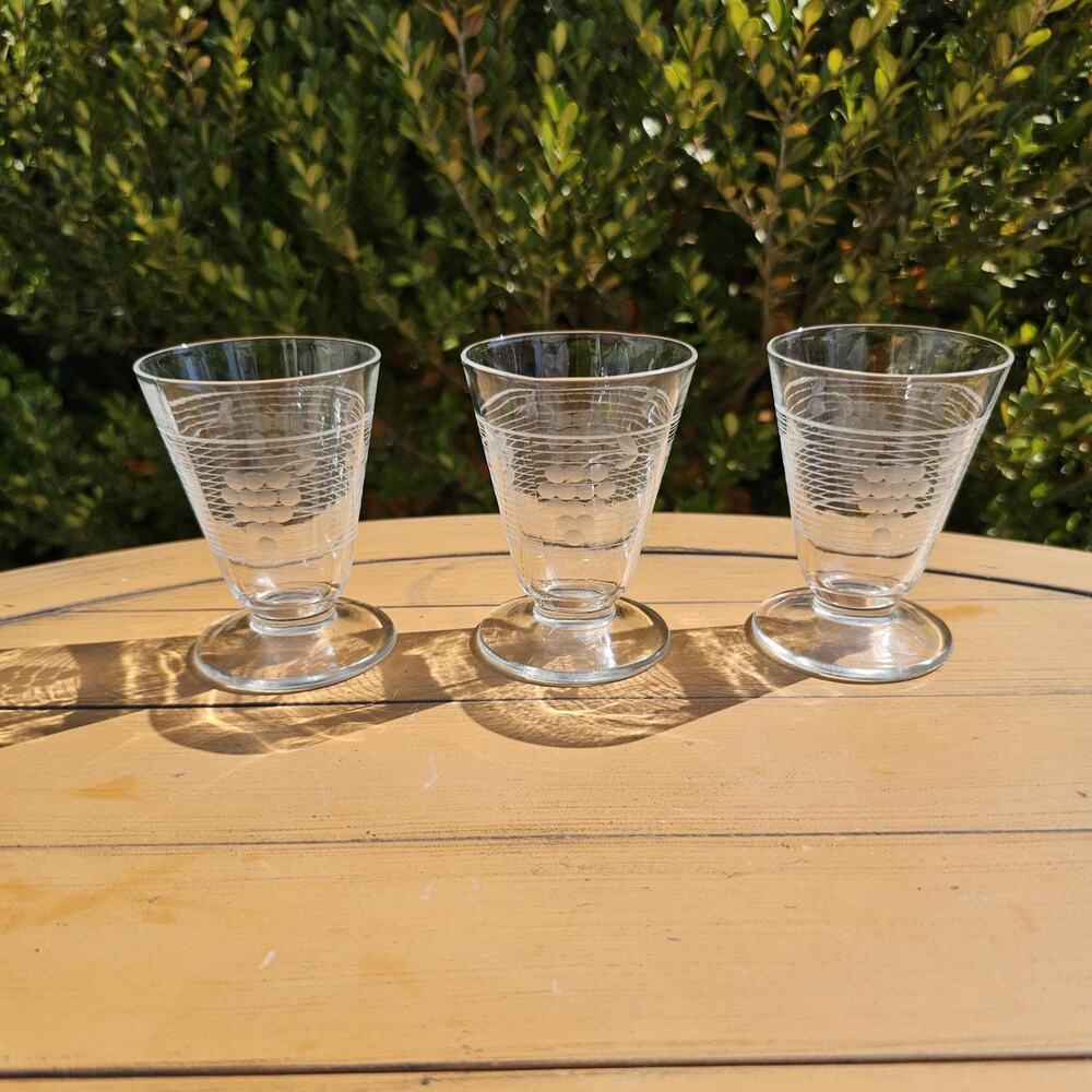 Vintage Standard Glass Grape on Grid Etched Clear Footed Set of 3 Juice Glasses